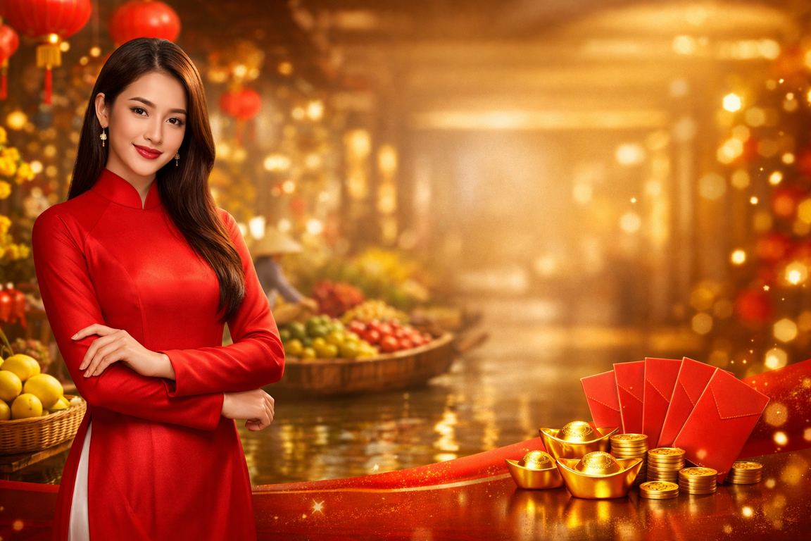 Người phụ nữ mặc áo dài nhận phong bao đỏ may mắn tại vùng sông Mekong trong lễ hội