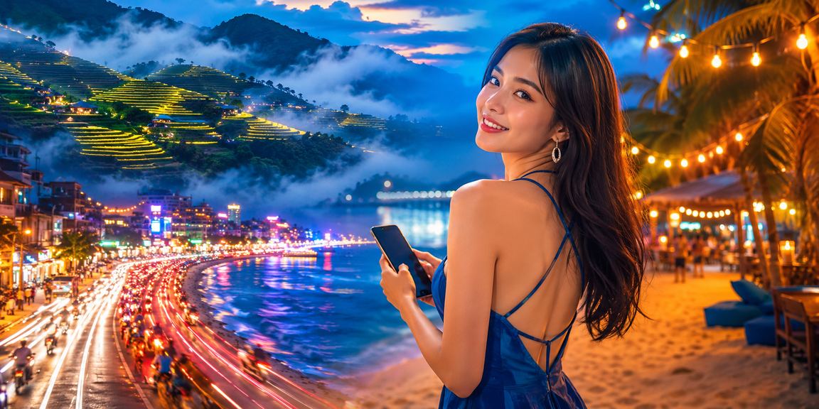 Người chơi Slots trên điện thoại tại Sapa với ánh đèn neon casino rực rỡ
